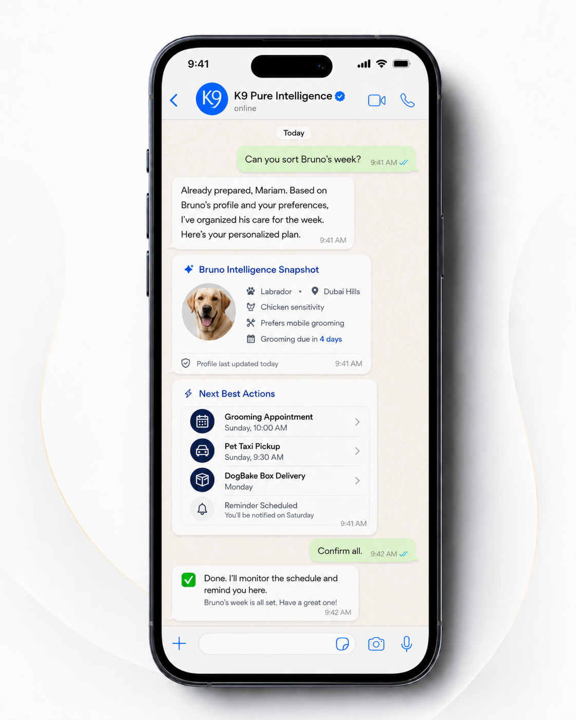 K9 Pure Intelligence WhatsApp conversation organising Bruno's week, no app required